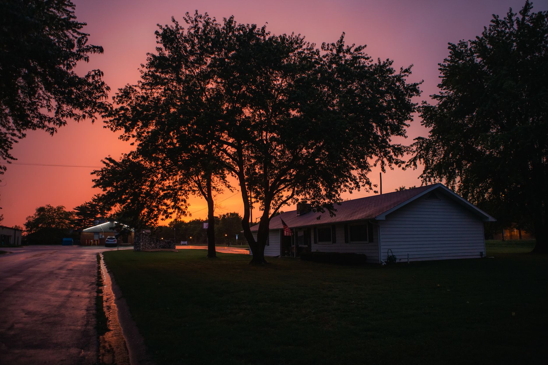 A quiet rural neighborhood at dusk, an animal welfare officer documenting suspicious activity near a fenced property