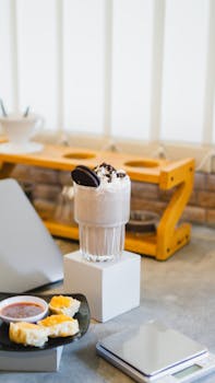 Delicious Oreo milkshake with whipped cream and pastries served on a table indoors.