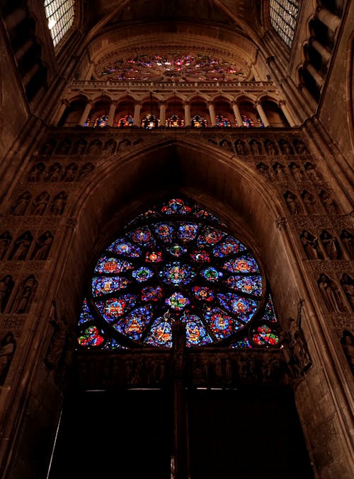 Ornamented Wall with Stained Glass in Note-Dame Cathedral in Reims