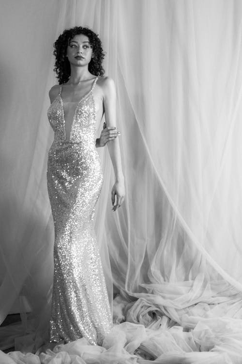 Woman in White Glittery Wedding Dress