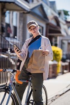 Delivery woman holding a bag and checking her phone while leaning on a bicycle in a city street.