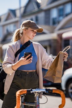 A young woman holding a paper bag and smartphone, delivering food on her bicycle in a residential area.