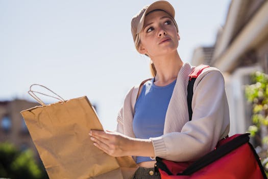 A young woman outdoors holding a delivery bag and paper bag, wearing casual attire and a cap in a suburban setting.