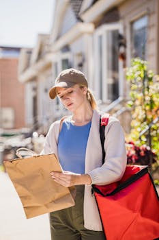 A female delivery worker reviews an order in a sunny suburban area, carrying a red bag and brown package.