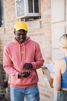A casual interaction between a delivery person and a customer outside a building.