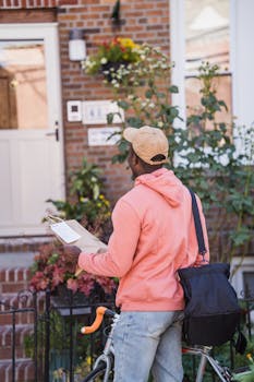 Courier delivering package on bicycle to a residential doorstep in a city neighborhood.