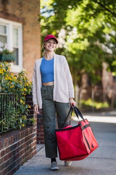 Happy woman walking with a food delivery bag on a sunny day sidewalk.