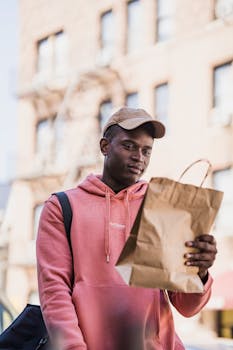 A young delivery man examines a package in an urban setting, standing outdoors on a city sidewalk.