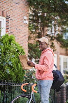 Man in casual attire stands with a package beside a bicycle, in front of urban house facade.