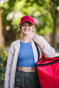 Cheerful young woman in casual attire delivering food outdoors in the city.