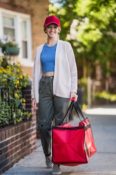 Smiling young woman in casual outfit delivering food on a sunny city street using a large insulated bag.