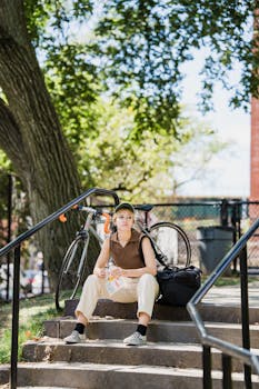A female food delivery worker sitting on stairs next to her bicycle, taking a break outdoors.