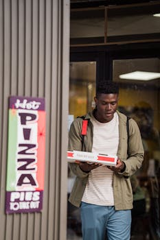 Man holding a pizza box outside a store, with signage indicating fresh hot pizza pies for takeout.