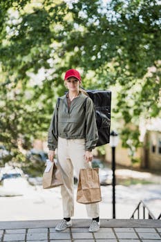 Young female delivery worker with backpack holding brown paper bags outdoors on a sunny day.