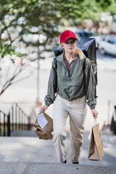 A delivery woman with packages and a backpack ascending stairs outdoors.