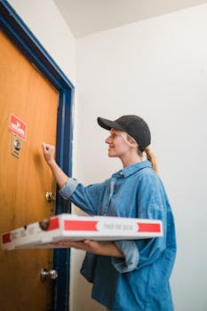 Young female pizza delivery driver knocking at an apartment door holding pizza boxes, ready for delivery.