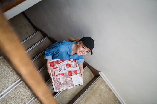 Smiling woman climbing stairs delivering pizza, looking up to camera, showcasing everyday joy at work.