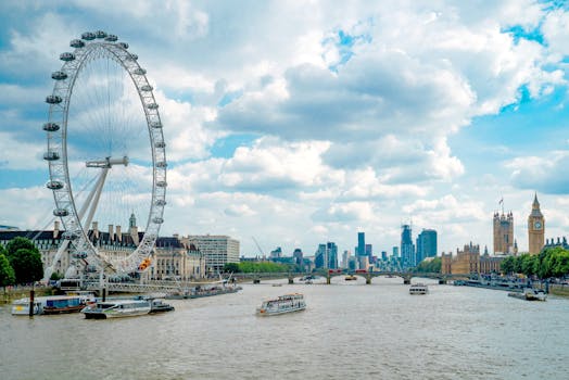 Capture of London's iconic skyline featuring the London Eye, Big Ben, and River Thames on a sunny day.