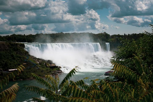 Waterfalls Under White Clouds and Blue Sky