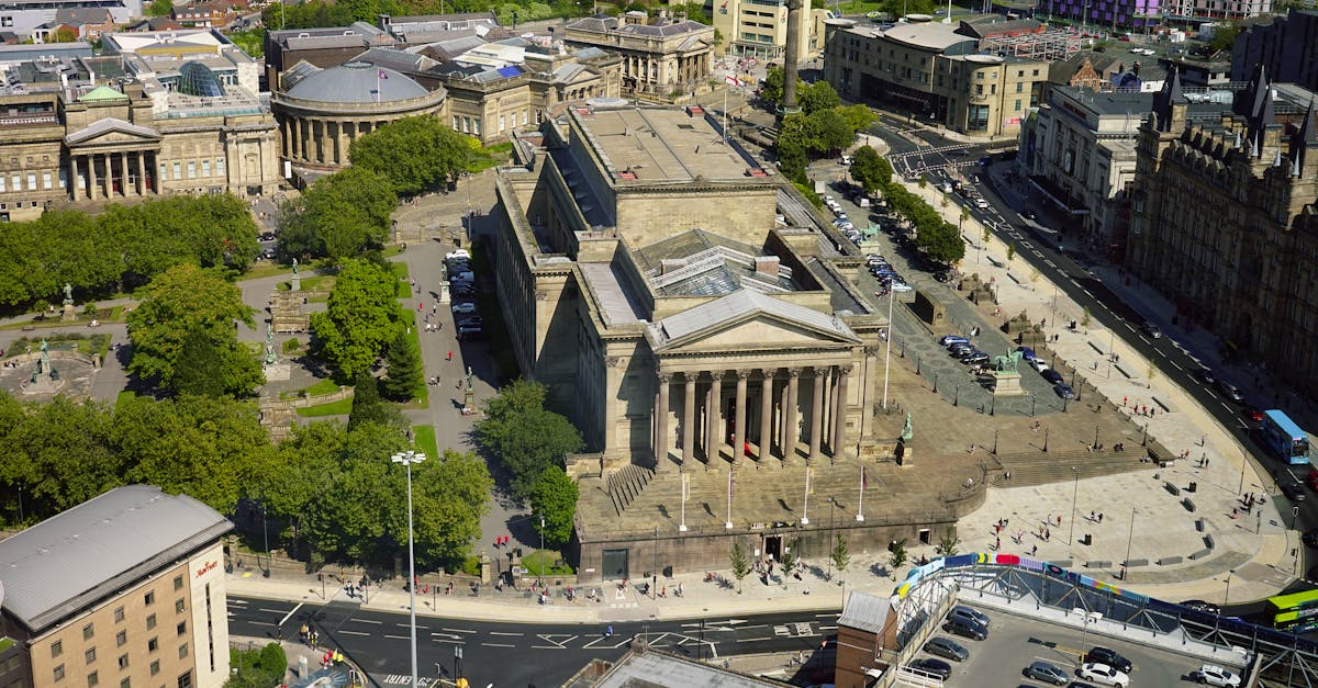 Aerial shot of the iconic St George's Hall and surrounding city architecture in Liverpool.