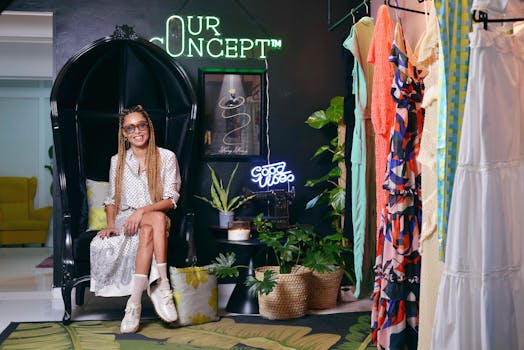 Fashionable woman sits in a boutique surrounded by elegant dresses and vibrant decor.