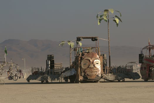 Creative art cars and installations at a desert festival with mountains in background.