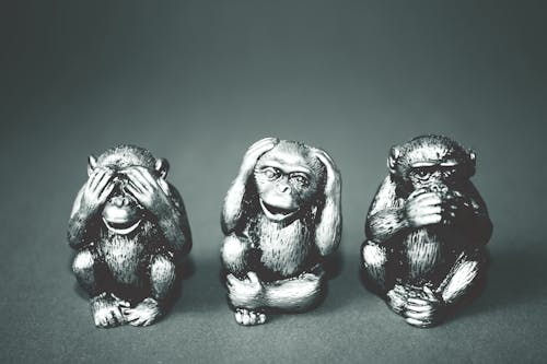 세 개의 현명한 원숭이 인형의 회색조 사진