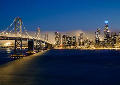 The Lit City and Bridge at Night