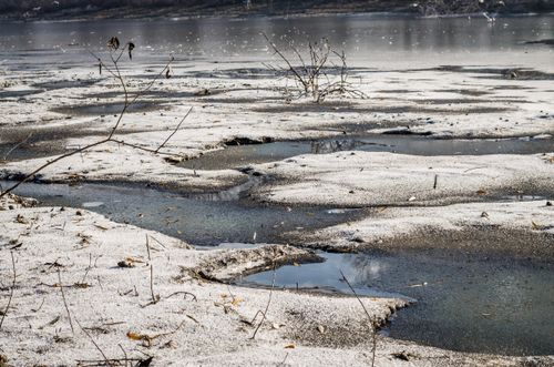 Free Frozen river landscape in Novi Sad, Serbia, showcasing winter's icy formations and bare branches. Stock Photo
