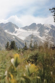 Breathtaking view of snow-capped mountains in Altai, Xinjiang with lush meadow foreground.