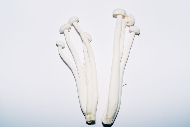 Fresh enoki mushrooms arranged on a bright white surface, showcasing their unique elongated shape.