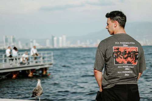 Free A man stands by the sea on a sunny day, with a seagull and distant city skyline in the background. Stock Photo