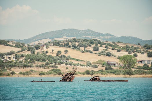 Explore the serene rural landscape with a sunken shipwreck in a picturesque lake setting.