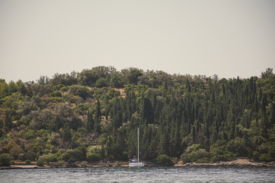 Unbeatable Full Day Yacht Tour in Catamaran Naxos Greece Review: An Unforgettable Day on the Aegean Review 2026 - A tranquil scene of a sailing boat near lush greenery in Nydri, Greece.