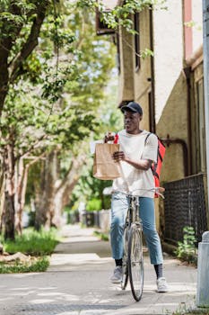 A delivery cyclist on a city street holding a paper bag with food on a sunny day.