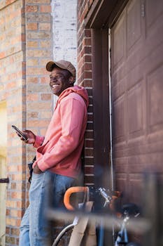 Man smiles while holding phone, leaning on brick wall with bicycle nearby.
