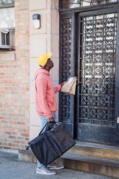 A delivery person handing a package to a customer outside a stylish urban door.