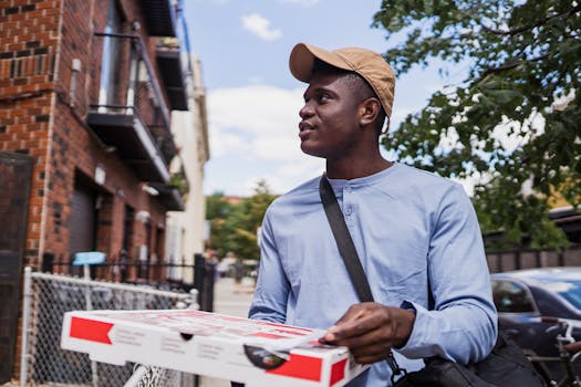 A delivery person with a pizza box walking outside on a sunny day, wearing a cap and blue shirt.