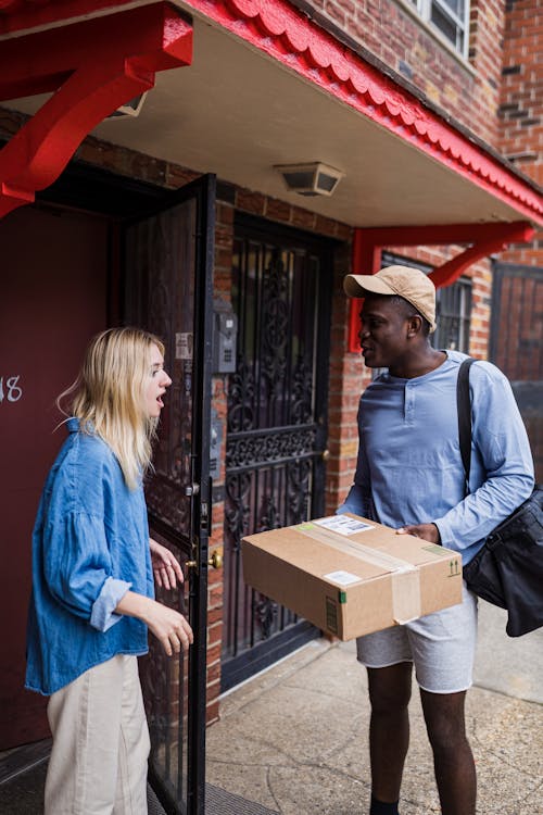 Woman and Courier on Street