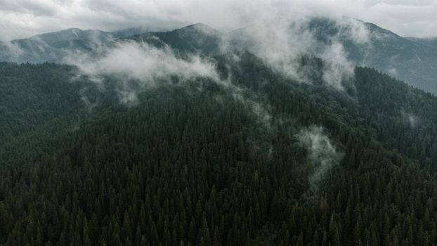 Aerial view of foggy, forested mountains in Yablunytsia, Ukraine.