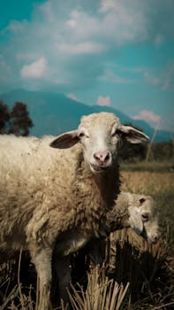 Two sheep grazing in a sunny field in Majalengka, Indonesia, surrounded by lush greenery.