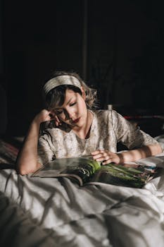 A woman leisurely reading a magazine, enjoying peaceful solitude in natural light indoors.