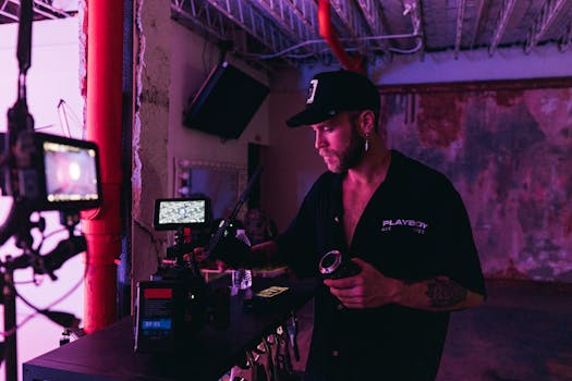 A videographer working with camera gear in an artistically lit studio setting, showcasing the filmmaking process.