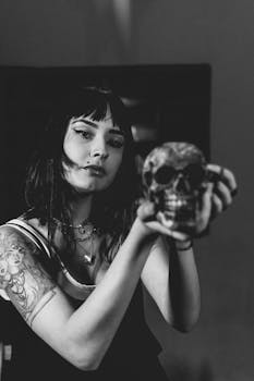 Black and white image of a woman with tattoos holding a decorative skull, conveying a dramatic gothic style.