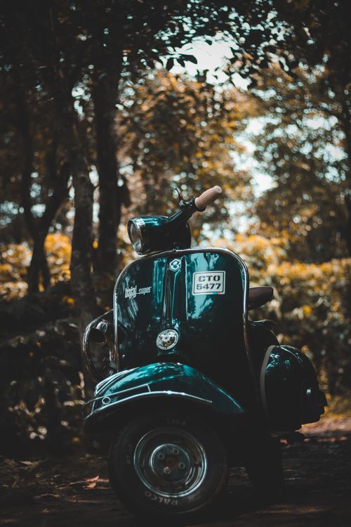 Free Close-up of a retro scooter parked outdoors in a forest setting, highlighting its classic design. Stock Photo