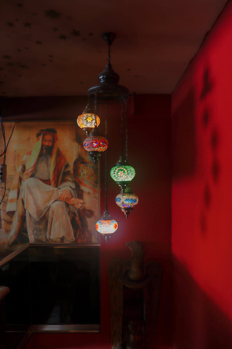 Handmade, Colorful Lamps In Room With Painting