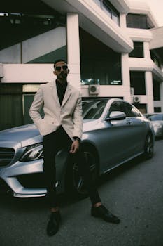 Elegant man in white suit and sunglasses leaning on a luxury car, showcasing sophistication in Muscat.
