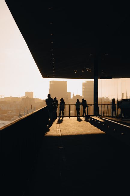 A group of silhouetted people stands on a terrace overlooking Hamburg's skyline during sunset.