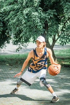 A young man skillfully dribbles a basketball in a sunny park in Mexico City.