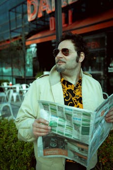 Fashionable man in sunglasses reading newspaper outside a city cafe.